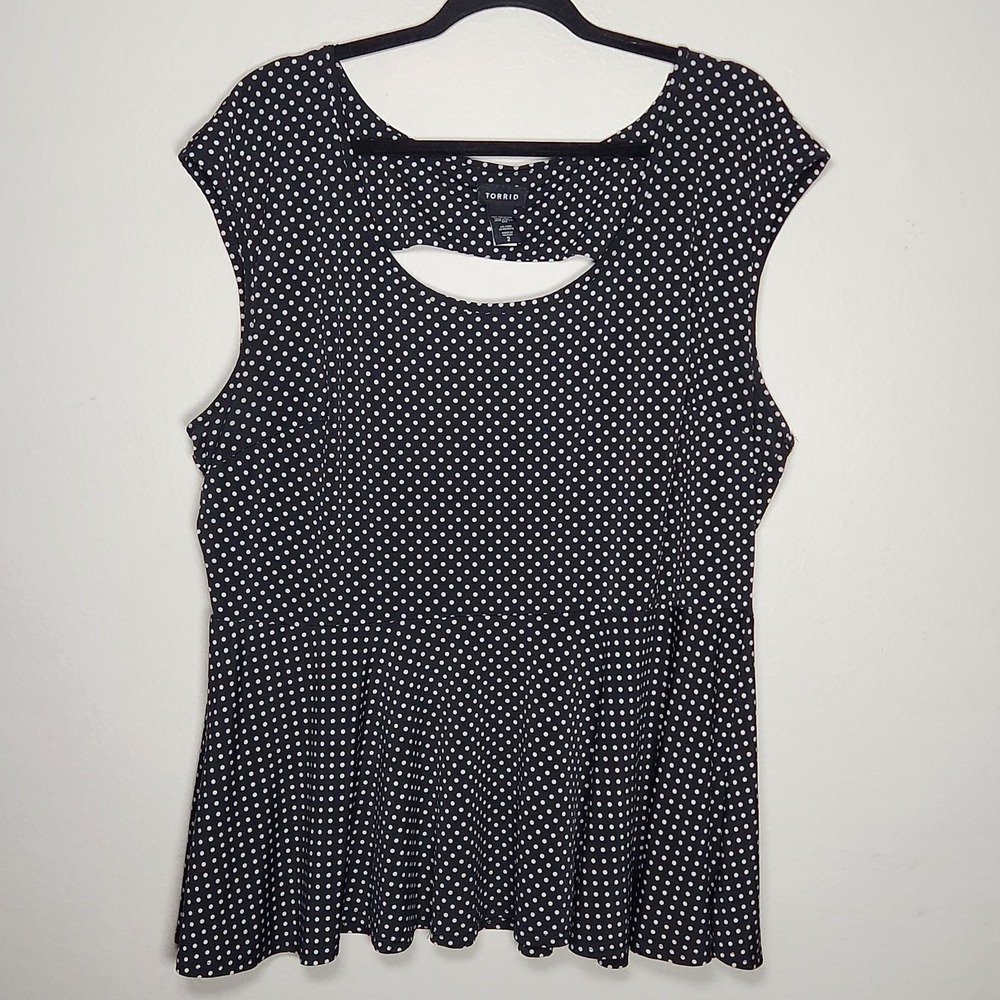 Torrid Womens 2X Black White Polka Dot Keyhole Back Peplum Top Summer Dinner